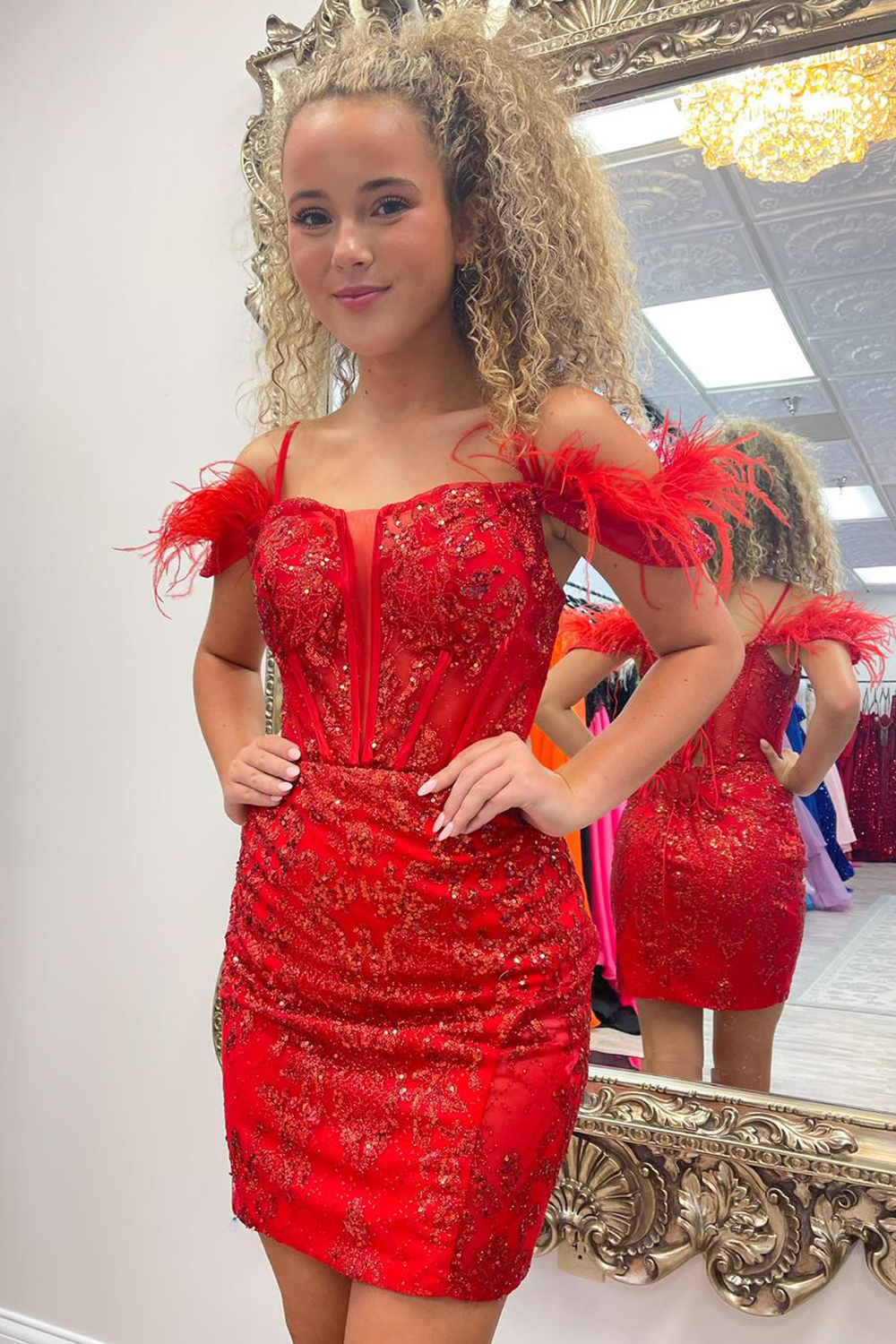 Sparkly Rose Gold Corset Sequins Tight Short Homecoming Dress With Feather