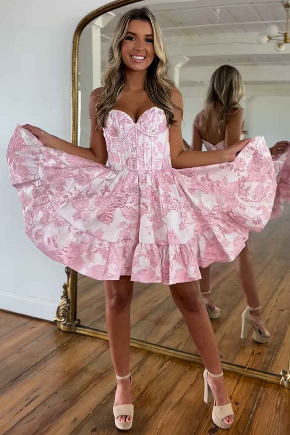Blue Strapless Floral A-Line Printed Corset Short Homecoming Dress with Ruffles
