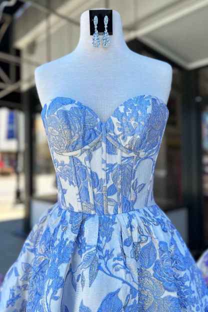 Blue Strapless Floral A-Line Printed Corset Short Homecoming Dress with Ruffles