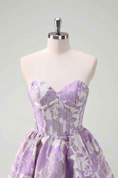 Blue Strapless Floral A-Line Printed Corset Short Homecoming Dress with Ruffles