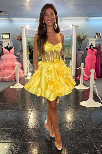 A Line Yellow Corset Short Homecoming Dress With 3D Flowers