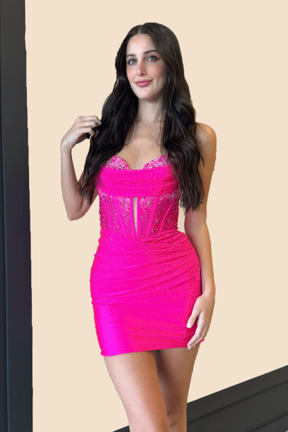 Sparkly Fuchsia Strapless Corset Tight Short Homecoming Dress with Sequins