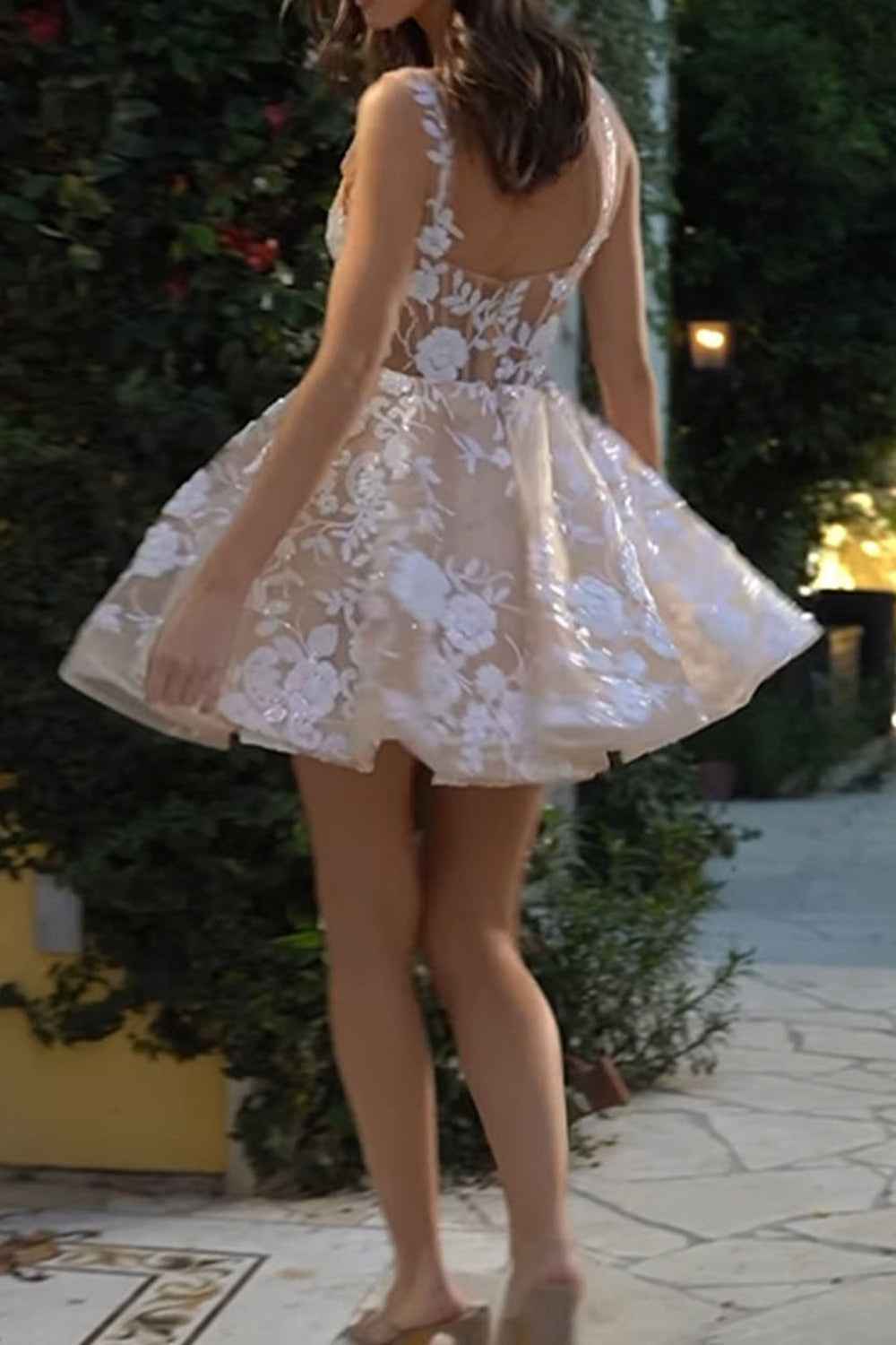 White Champagne Spaghetti Straps Sequins A-Line Short Homecoming Dress with Appliques