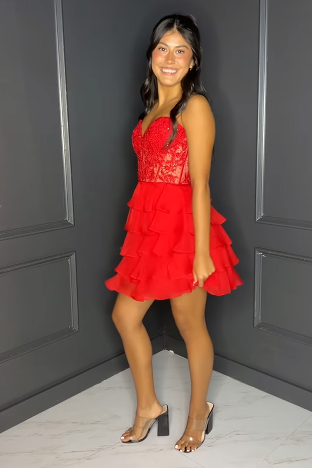 Sparkly A Line Pink Strapless Corset Short Homecoming Dress with Ruffles