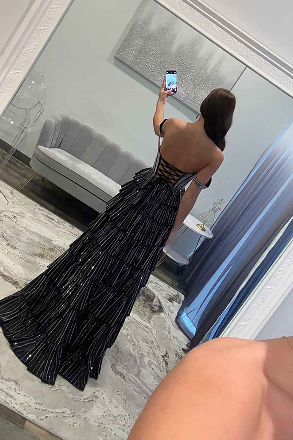 Sparkly Gold Off the Shoulder A-Line Tiered Long Corset Prom Dress with Beading