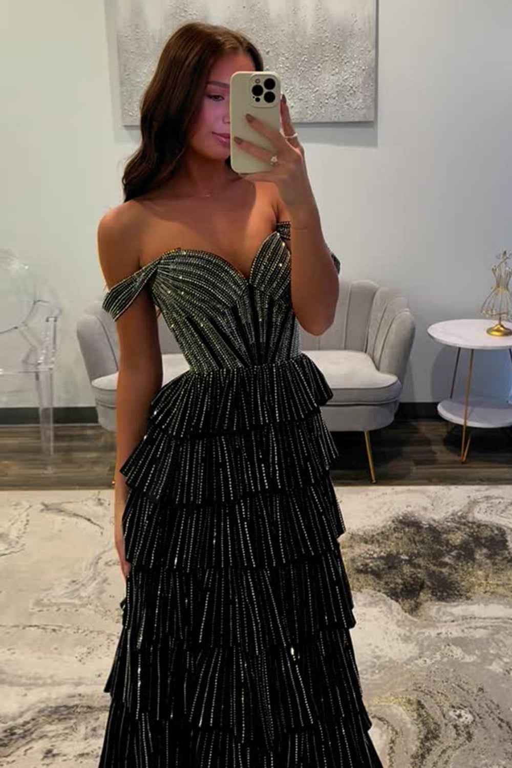 Sparkly Gold Off the Shoulder A-Line Tiered Long Corset Prom Dress with Beading