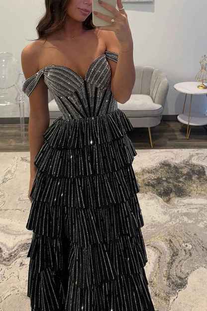 Sparkly Gold Off the Shoulder A-Line Tiered Long Corset Prom Dress with Beading