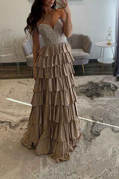 Sparkly Gold Off the Shoulder A-Line Tiered Long Corset Prom Dress with Beading