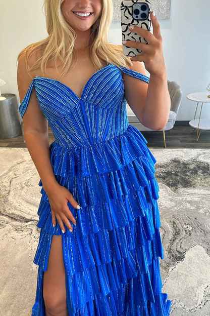 Sparkly Gold Off the Shoulder A-Line Tiered Long Corset Prom Dress with Beading