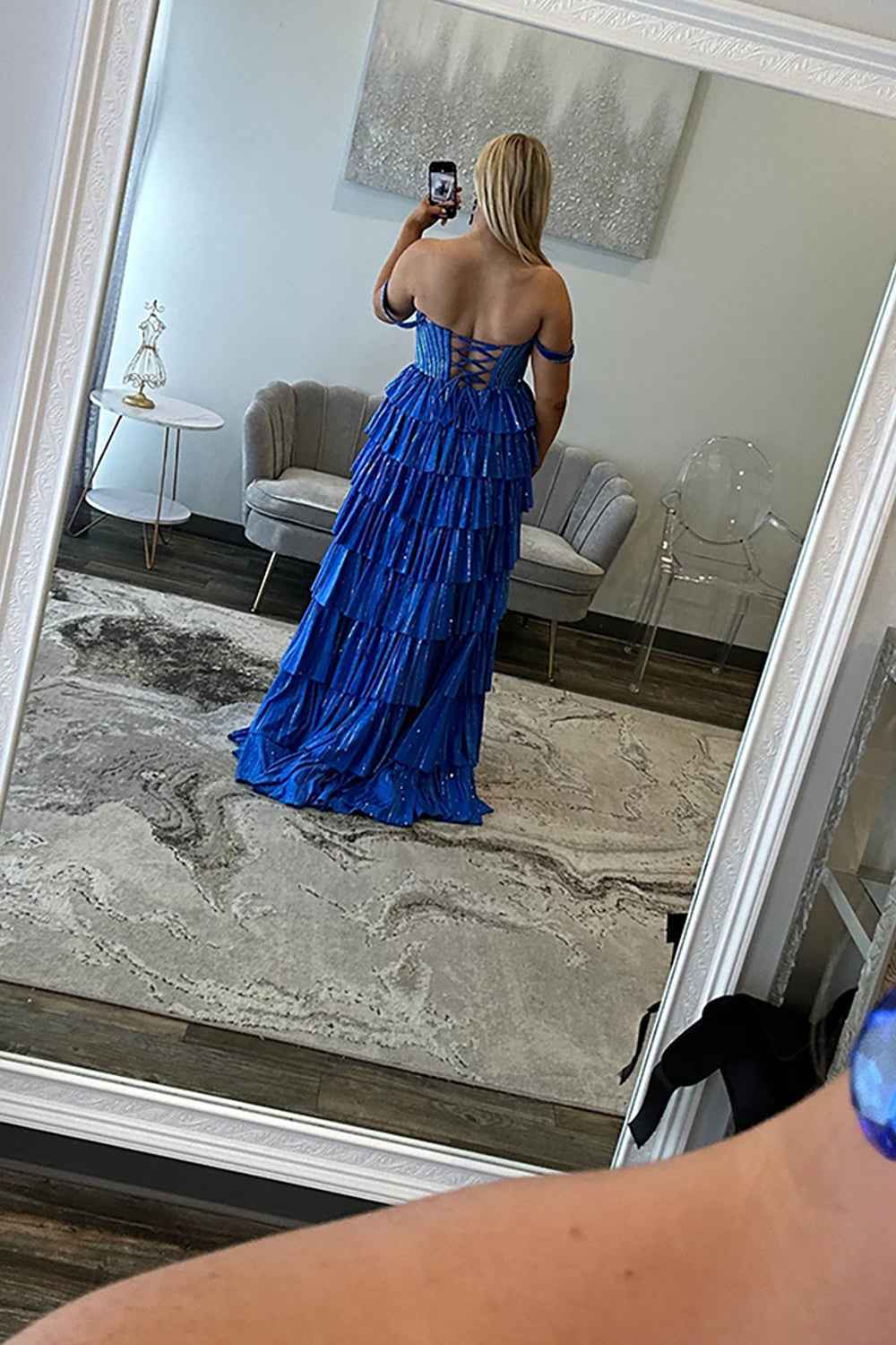 Sparkly Gold Off the Shoulder A-Line Tiered Long Corset Prom Dress with Beading