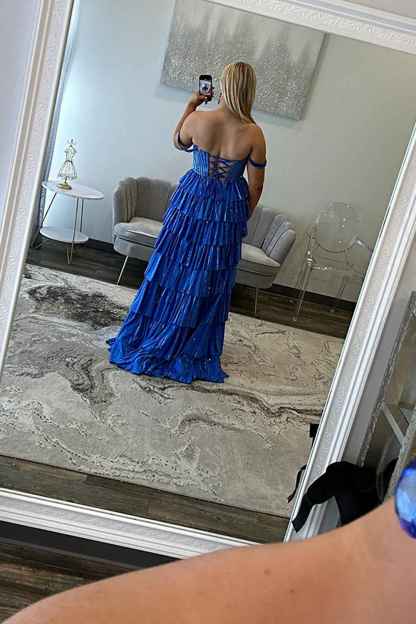 Sparkly Gold Off the Shoulder A-Line Tiered Long Corset Prom Dress with Beading