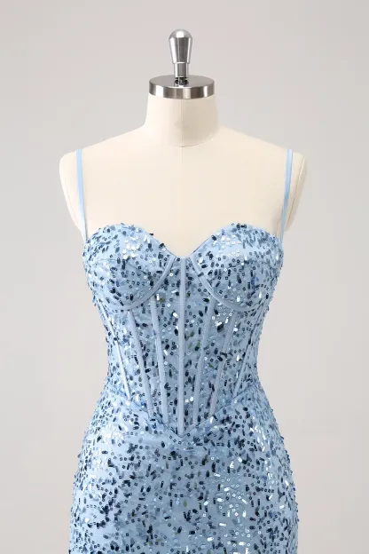 Sparkly Blue Spaghetti Straps Corset Tight Short Homecoming Dress
