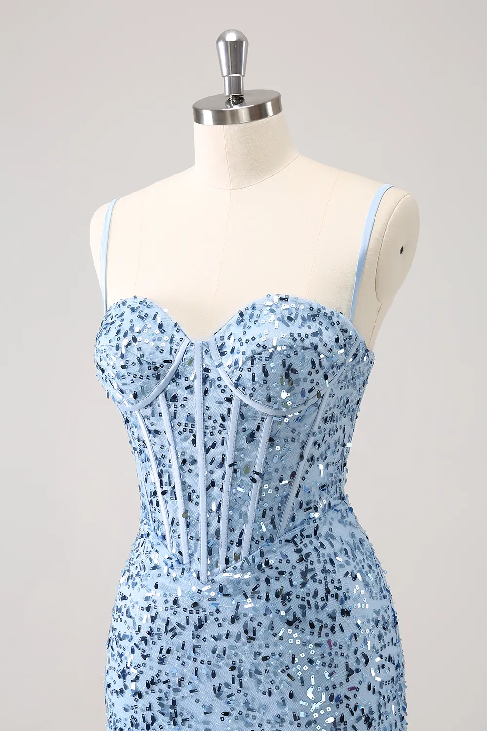 Sparkly Blue Spaghetti Straps Corset Tight Short Homecoming Dress