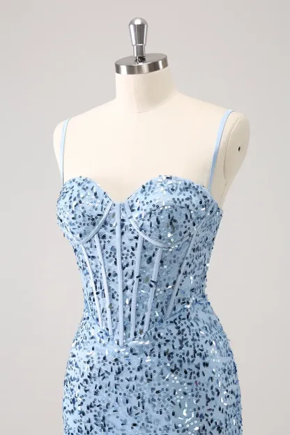 Sparkly Blue Spaghetti Straps Corset Tight Short Homecoming Dress