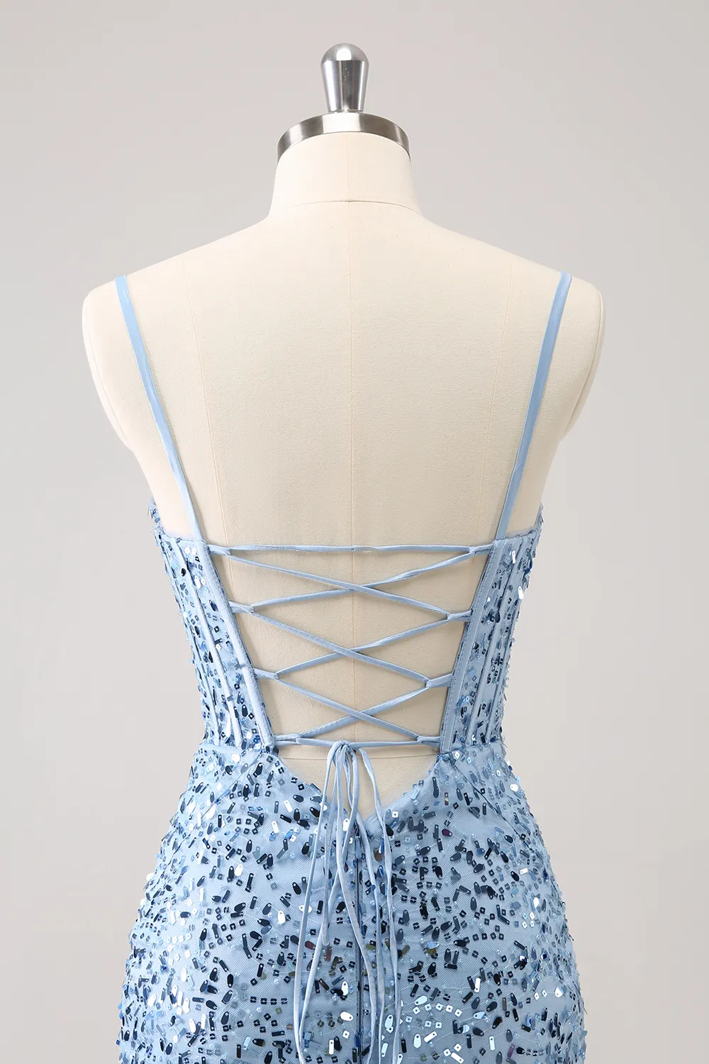 Sparkly Blue Spaghetti Straps Corset Tight Short Homecoming Dress