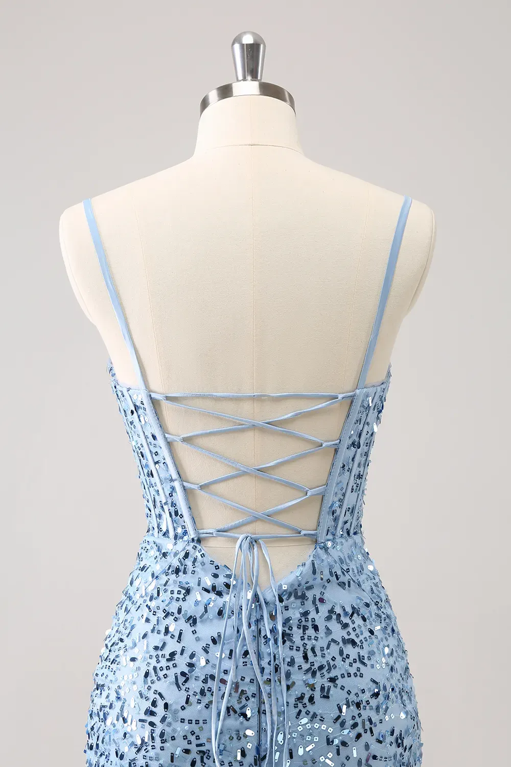 Sparkly Blue Spaghetti Straps Corset Tight Short Homecoming Dress