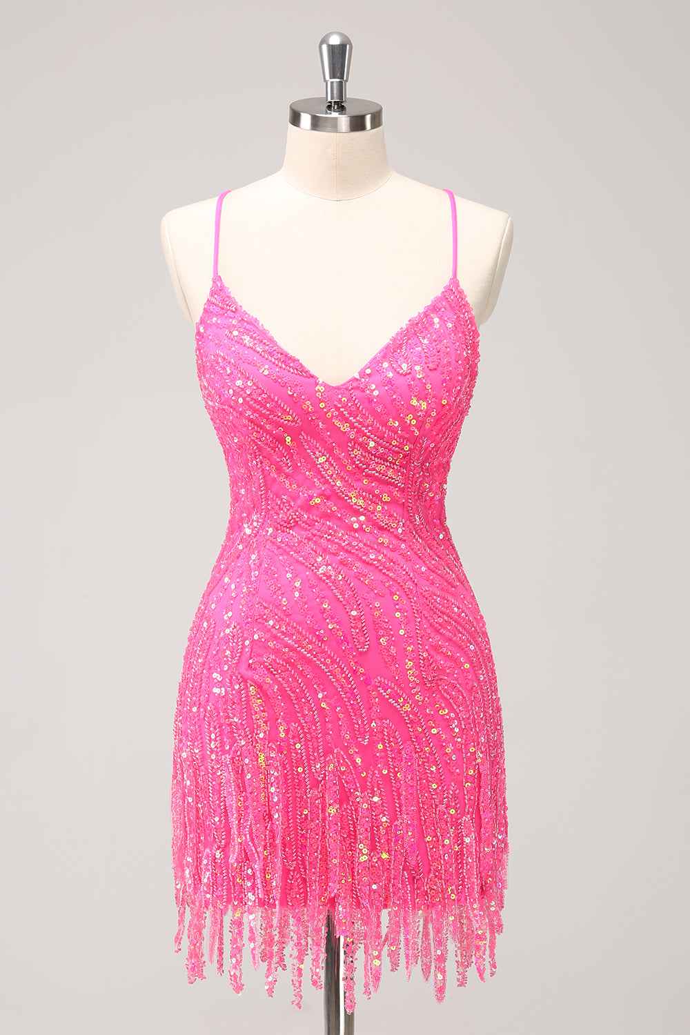 Sparkly Hot Pink Spaghetti Straps Sequins  Bodycon Short Homecoming Dress with Fringe
