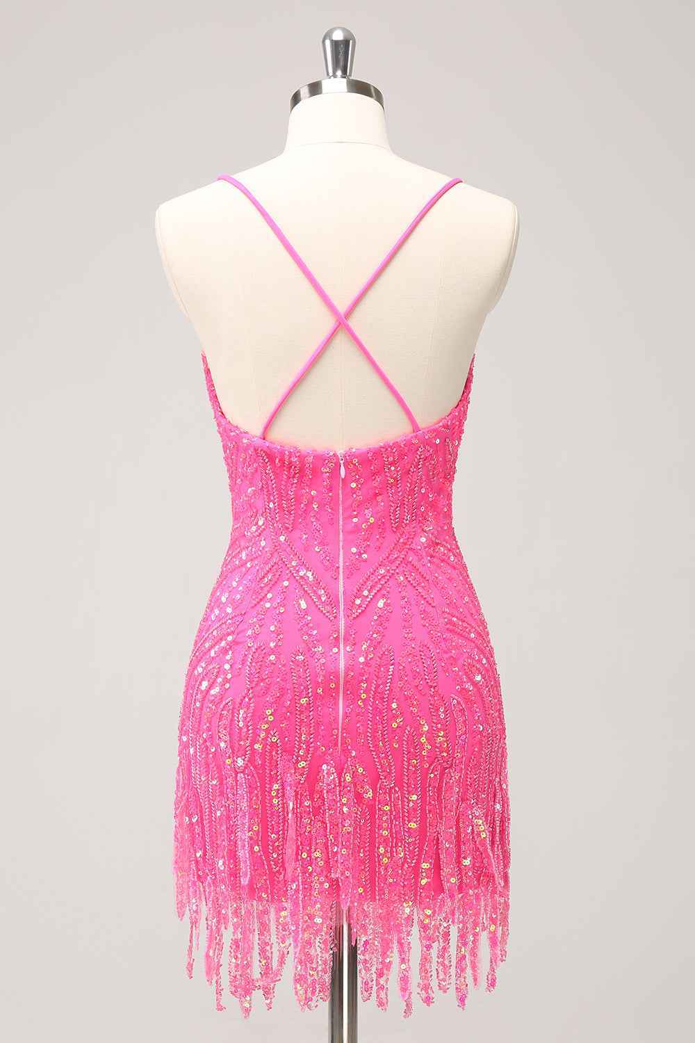 Sparkly Hot Pink Spaghetti Straps Sequins  Bodycon Short Homecoming Dress with Fringe