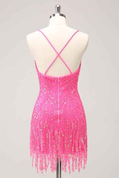 Sparkly Hot Pink Spaghetti Straps Sequins  Bodycon Short Homecoming Dress with Fringe