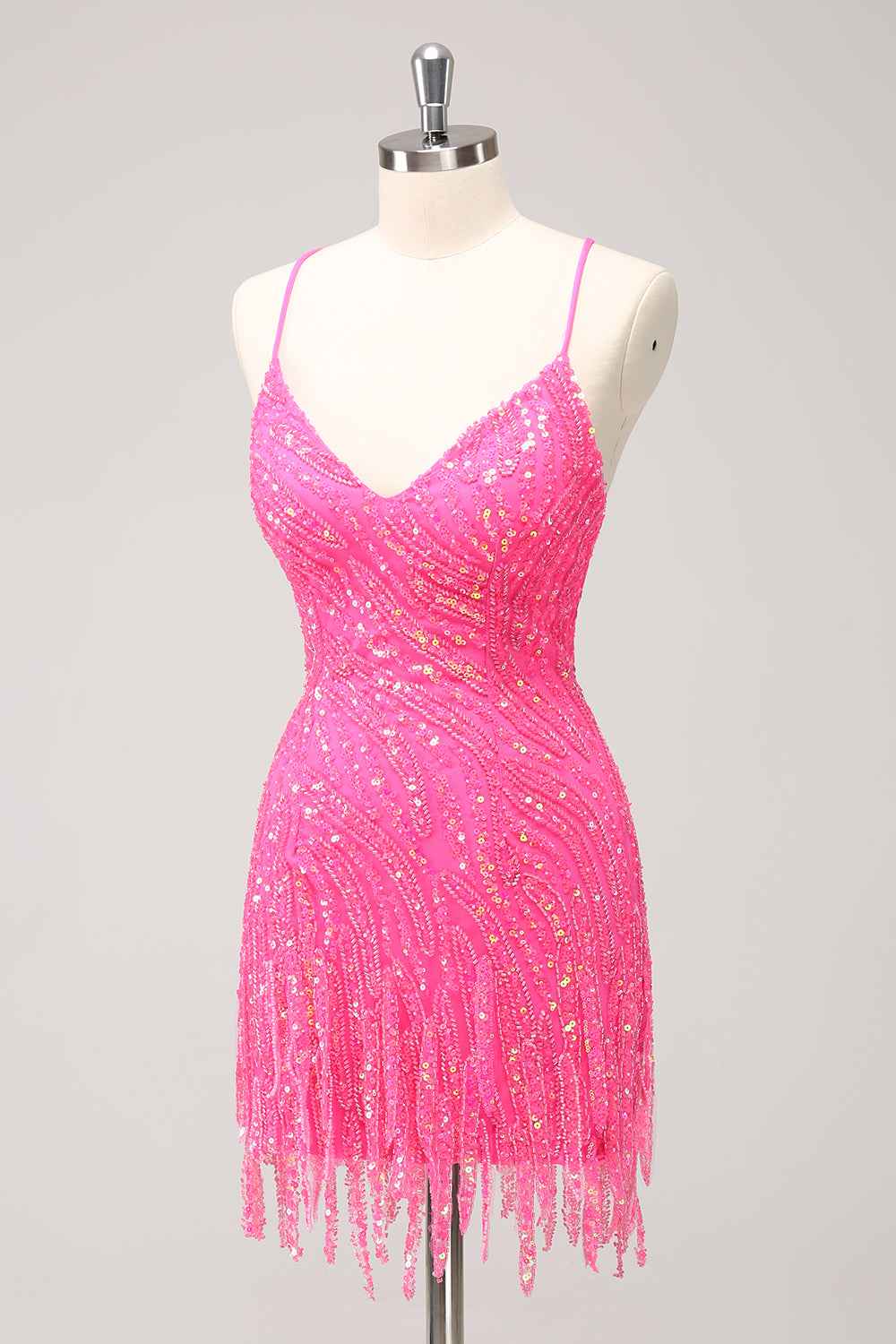 Sparkly Hot Pink Spaghetti Straps Sequins  Bodycon Short Homecoming Dress with Fringe