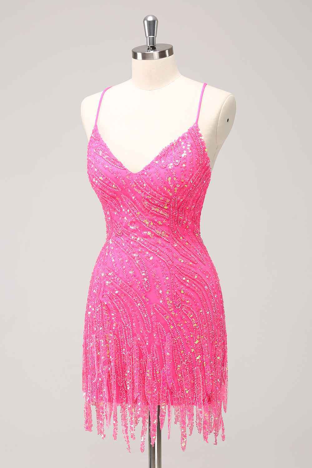 Sparkly Hot Pink Spaghetti Straps Sequins  Bodycon Short Homecoming Dress with Fringe