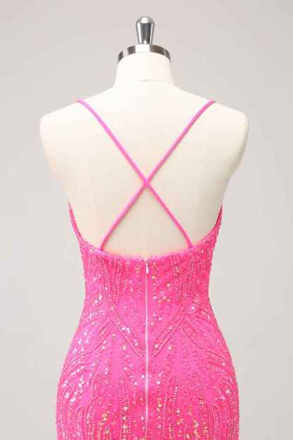 Sparkly Hot Pink Spaghetti Straps Sequins  Bodycon Short Homecoming Dress with Fringe