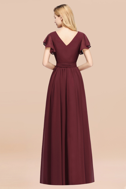 BMbridal Burgundy V-Neck Long Bridesmaid Dress With Short-Sleeves-BMbridal