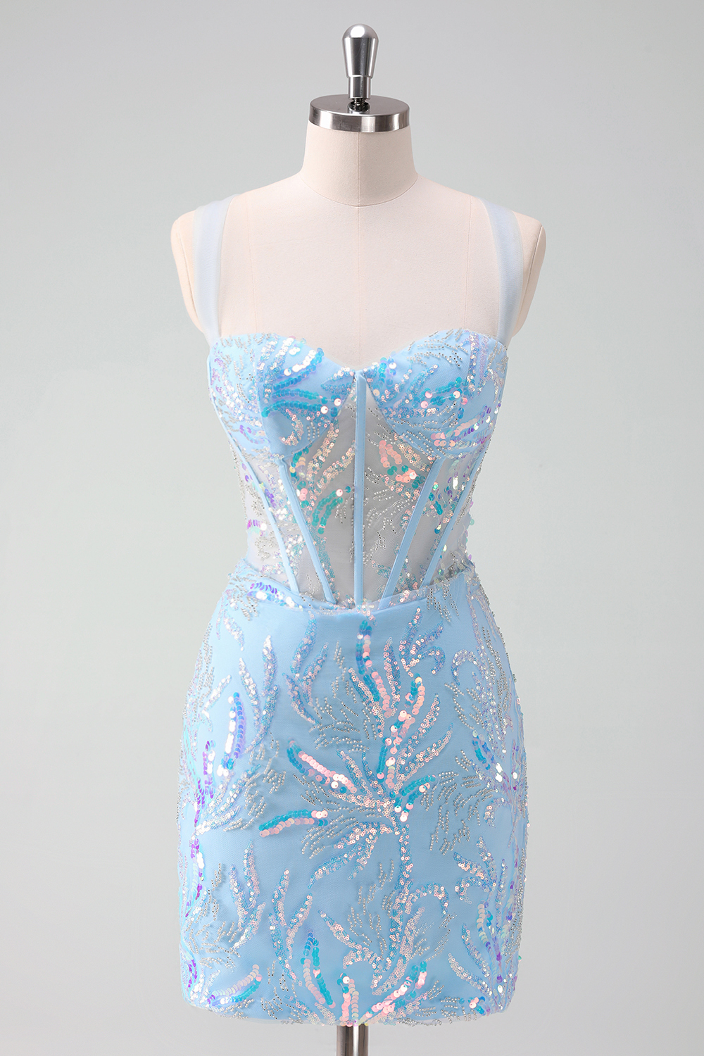 Sparkly Light Blue Sequins Corset Tight Short Homecoming Dress