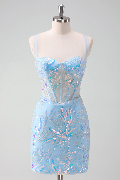 Sparkly Light Blue Sequins Corset Tight Short Homecoming Dress
