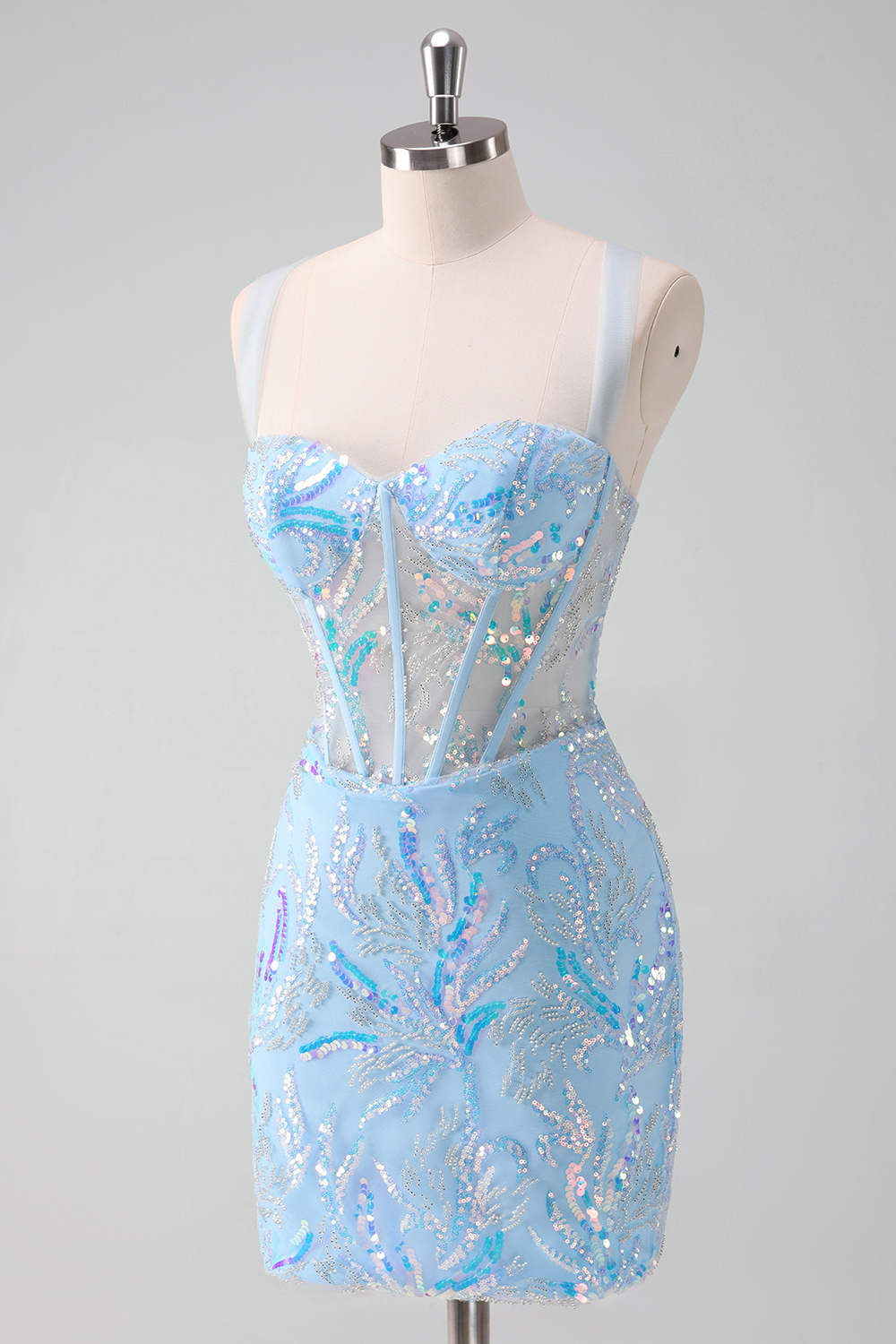 Sparkly Light Blue Sequins Corset Tight Short Homecoming Dress