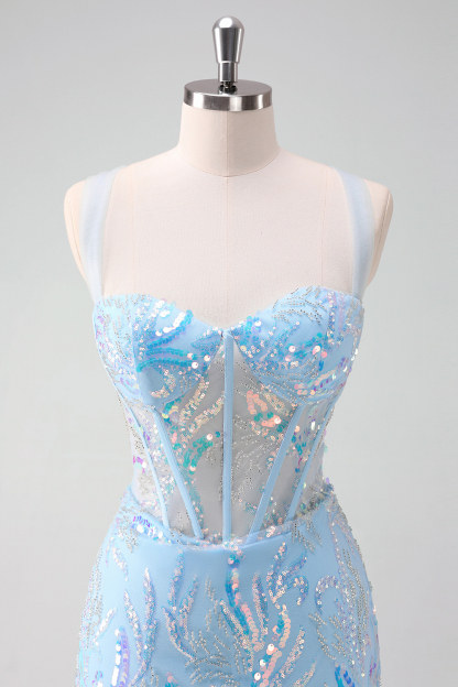 Sparkly Light Blue Sequins Corset Tight Short Homecoming Dress