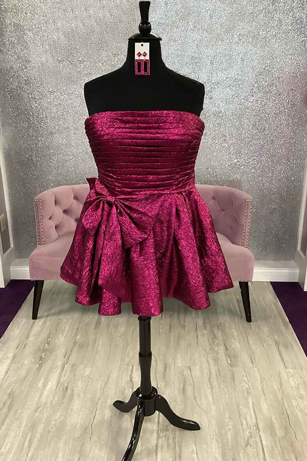 Fuchsia A-Line Ruched Short Homecoming Dress with Bow