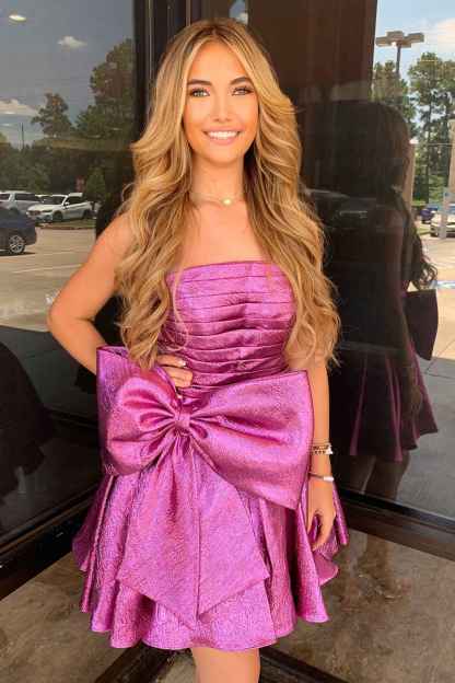 Fuchsia A-Line Ruched Short Homecoming Dress with Bow