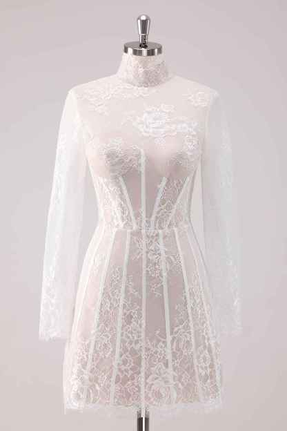 Elegant White Lace High Neck Corset Mini Homecoming Dress with Long Sleeves