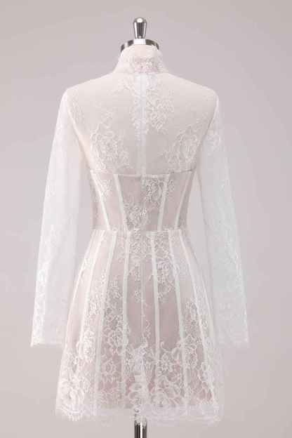 Elegant White Lace High Neck Corset Mini Homecoming Dress with Long Sleeves