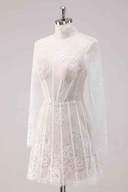 Elegant White Lace High Neck Corset Mini Homecoming Dress with Long Sleeves