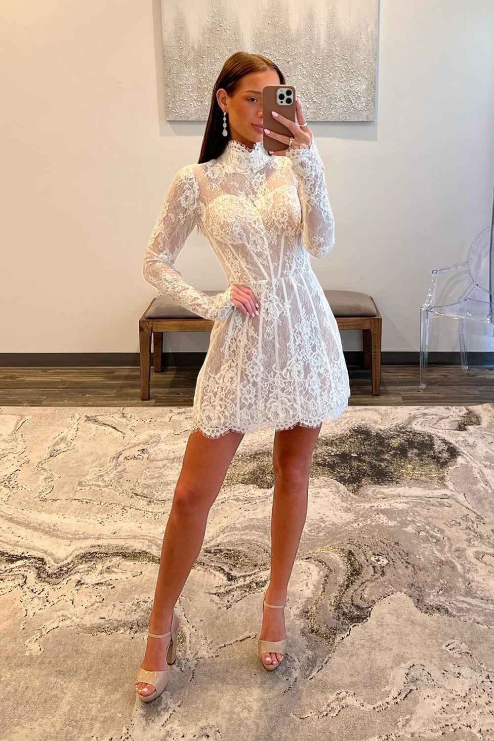 Elegant White Lace High Neck Corset Mini Homecoming Dress with Long Sleeves
