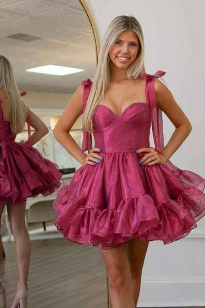 Metallic Pink Adjustable Straps A Line Short Corset Homecoming Dress with Ruffles