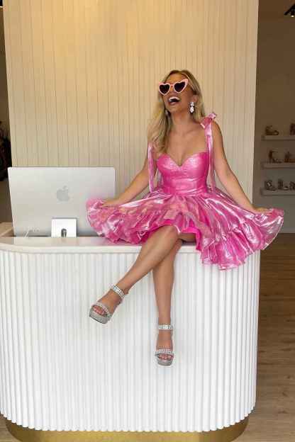 Metallic Pink Adjustable Straps A Line Short Corset Homecoming Dress with Ruffles