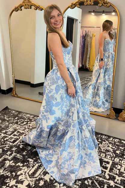 Chic Blue Floral Sweetheart A-Line Long Corset Prom Dress