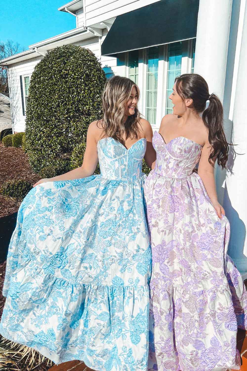 Chic Blue Floral Sweetheart A-Line Long Corset Prom Dress