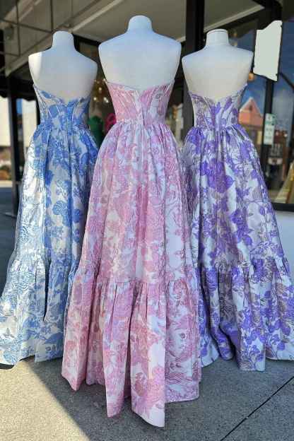 Chic Blue Floral Sweetheart A-Line Long Corset Prom Dress