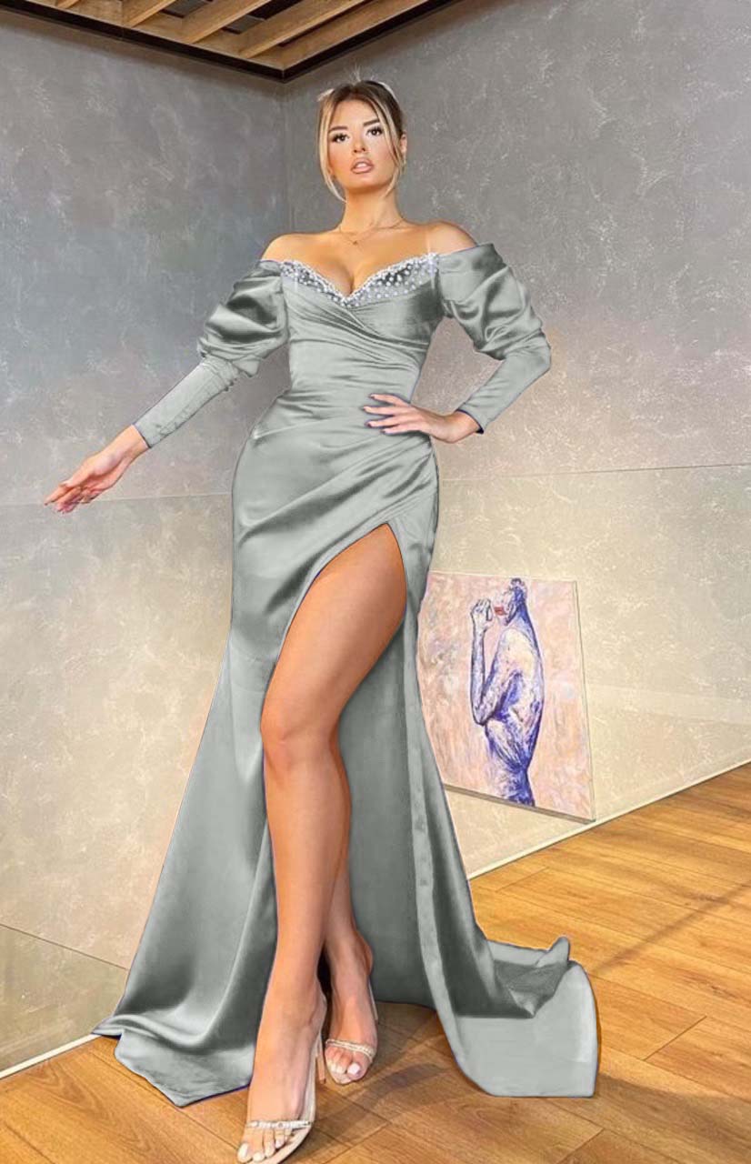 Off the Shoulder Mermaid Royal Blue Long Sleeves Prom Dress Beading