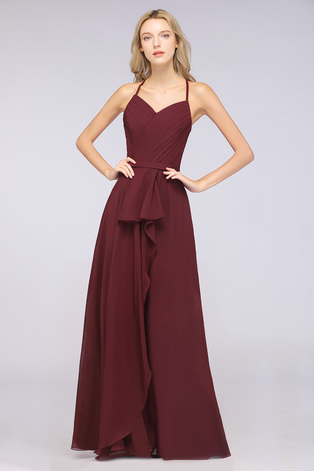 BMbridal Affordable Chiffon Halter V-Neck Ruffle Burgundy Bridesmaid Dresses-BMbridal