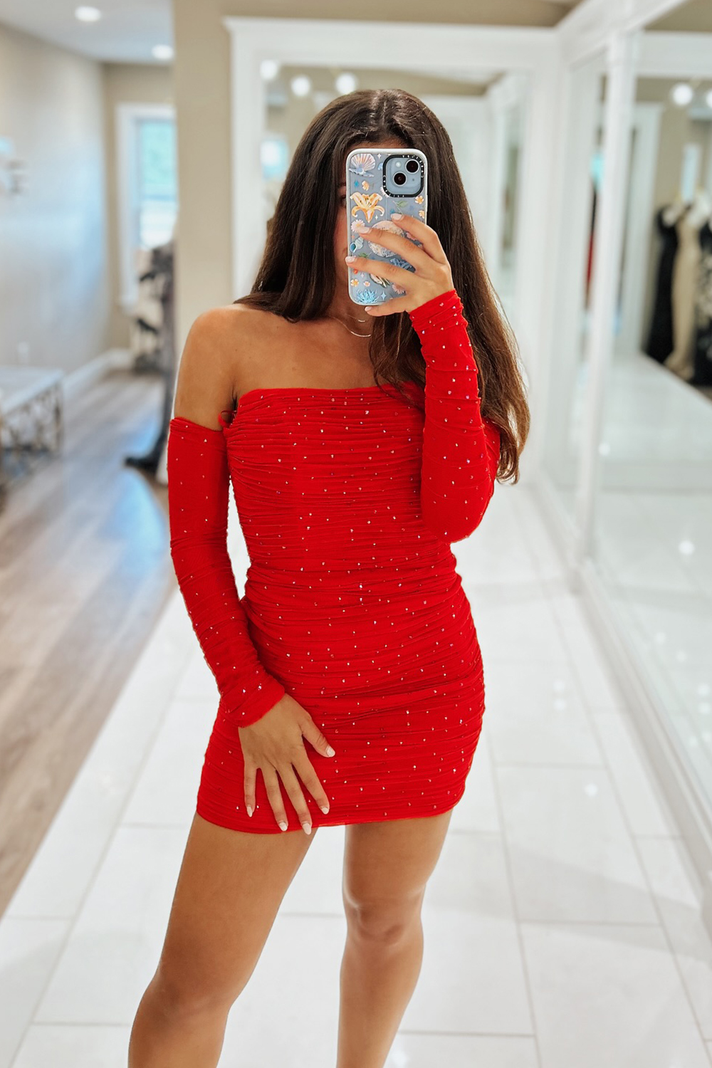 Sparkly Black Strapless Tight Short Homecoming Dress with Long Sleeves