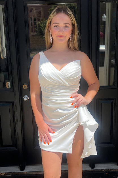 Orange One Shoulder Tight Satin Homecoming Dress with Slit