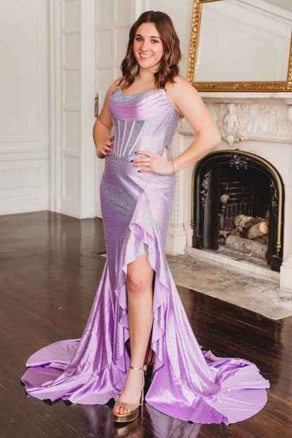 Glitter Orange Strapless Mermaid Beaded Long Corset Prom Dress with Ruffles