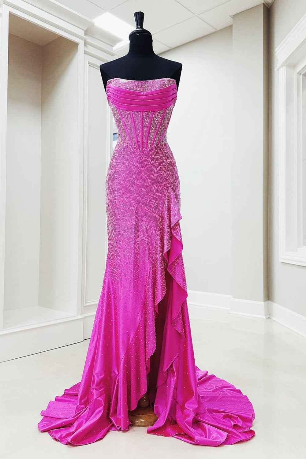 Glitter Orange Strapless Mermaid Beaded Long Corset Prom Dress with Ruffles