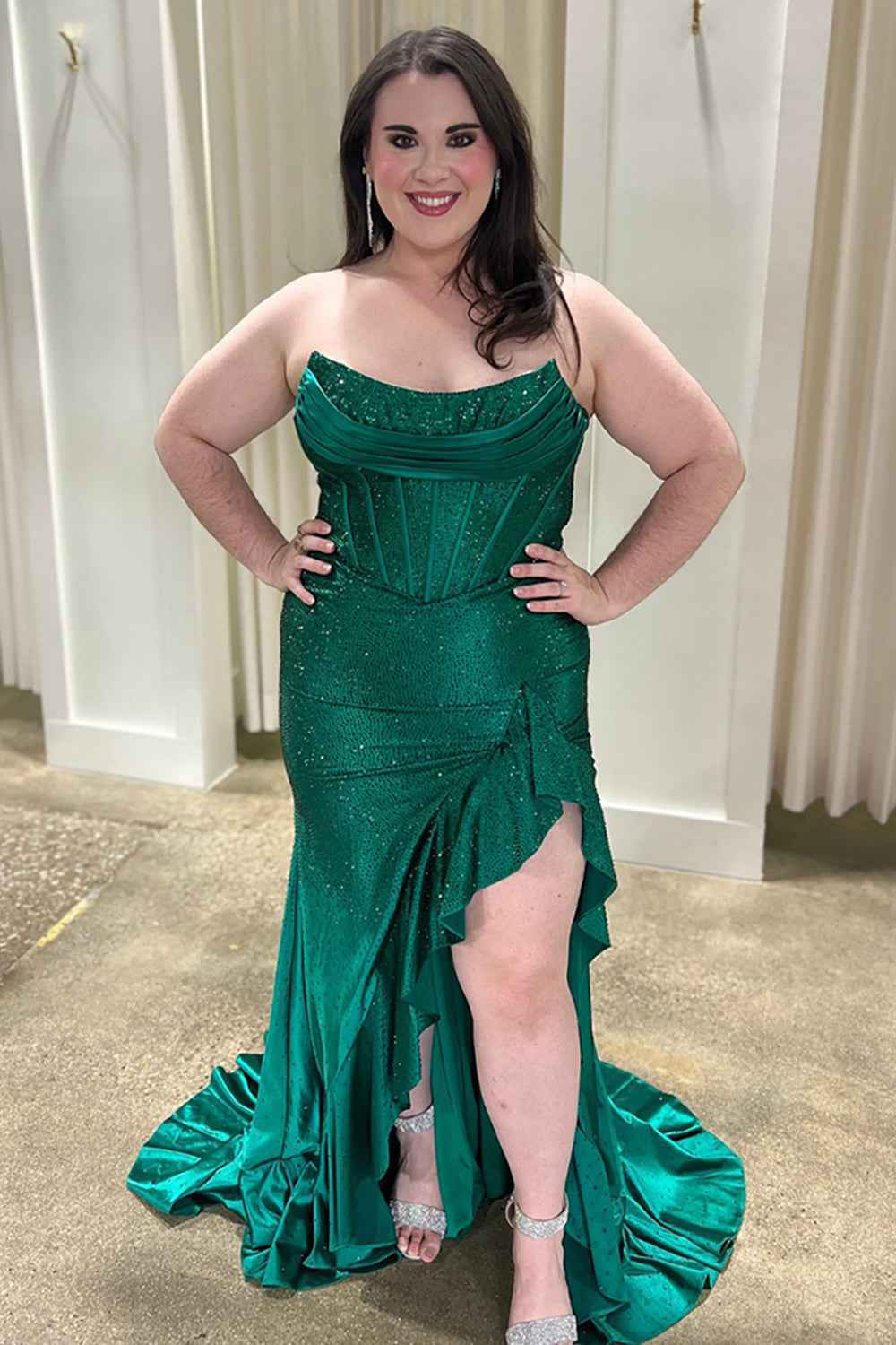 Glitter Orange Strapless Mermaid Beaded Long Corset Prom Dress with Ruffles