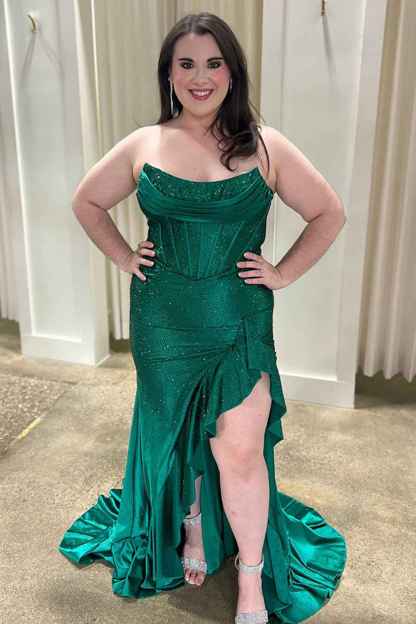 Glitter Orange Strapless Mermaid Beaded Long Corset Prom Dress with Ruffles